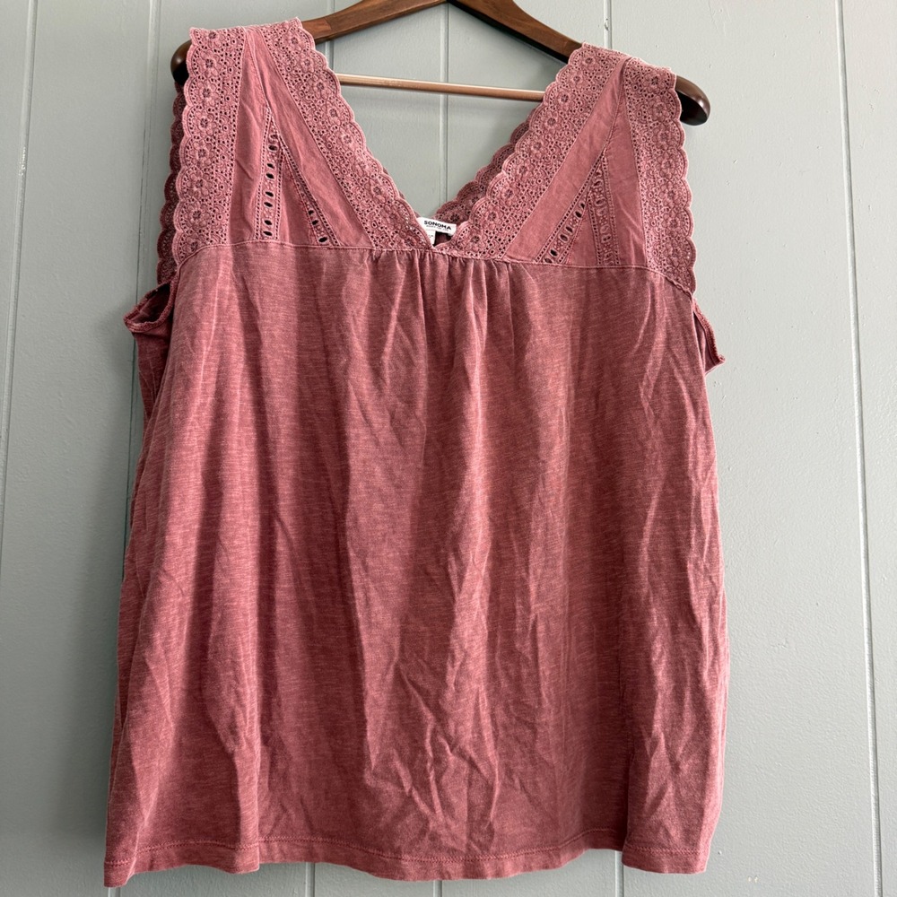 Sonoma Garment Dyed XL Boho Tank Top Slub Cotton Eyelet Lace Trim V-Neck